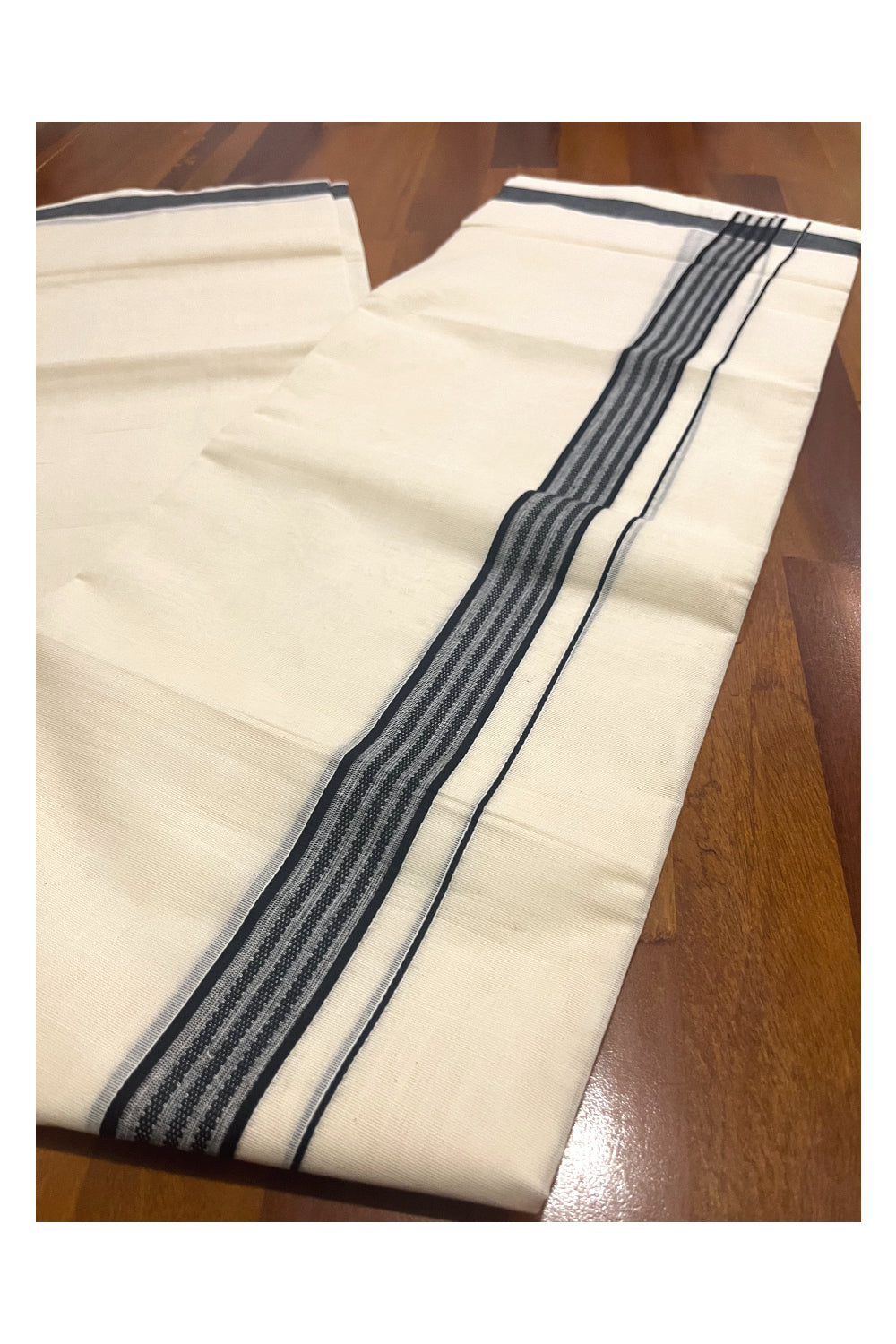 Pure Cotton Off White Double Mundu with Black Border (South Indian Dhoti)