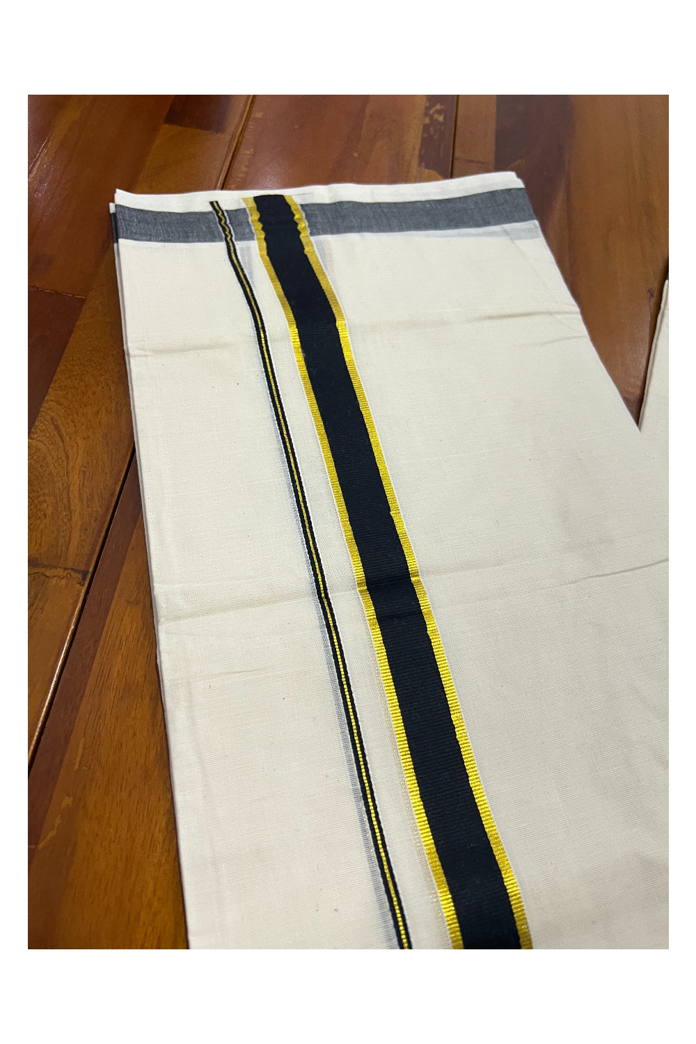 Off White Pure Cotton Double Mundu with Kasavu and Black Kara (South Indian Dhoti)