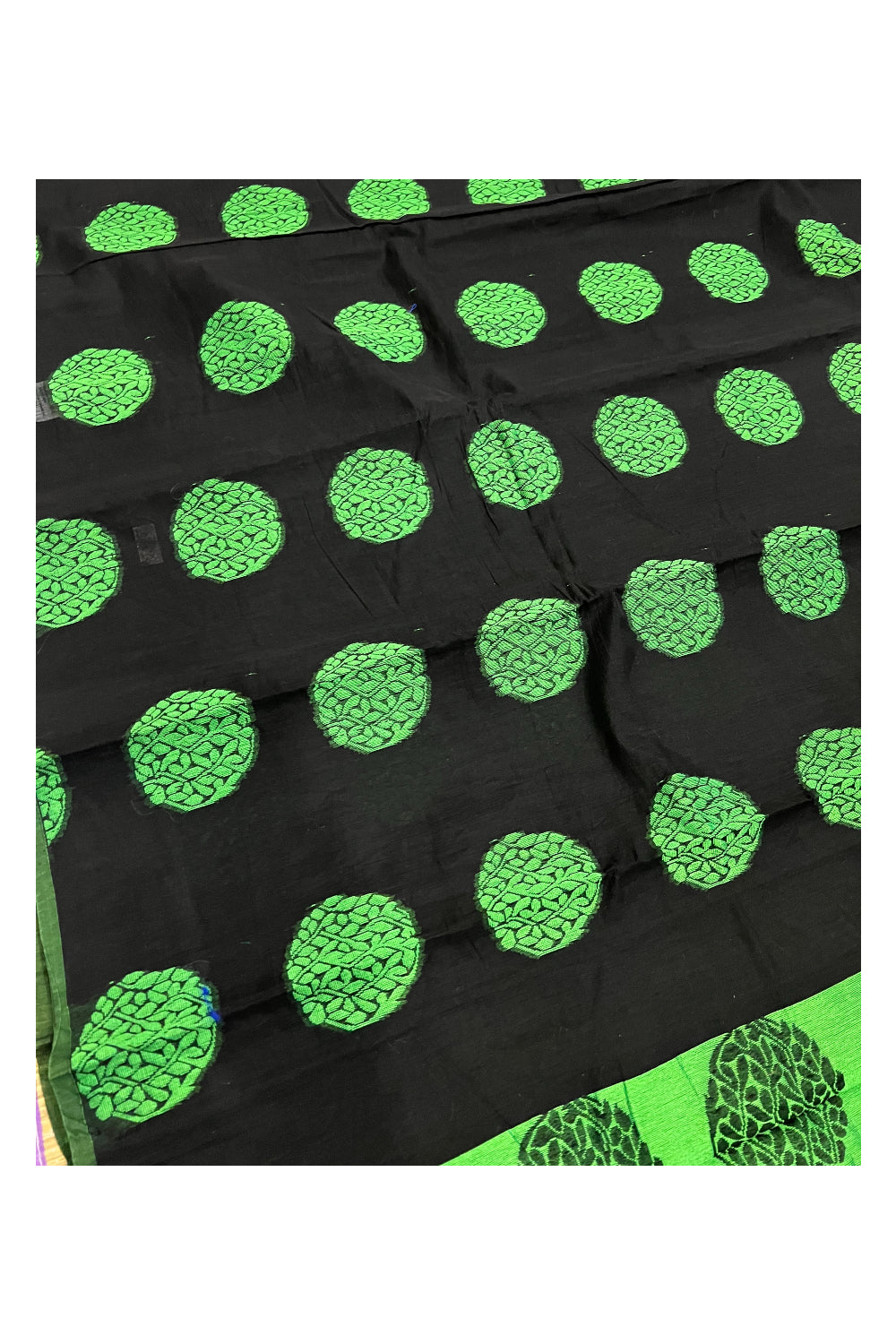 Southloom Black Cotton Silk Saree with Light Green Woven Patterns