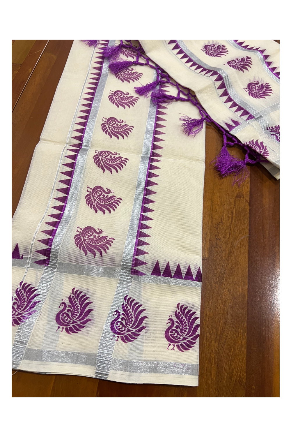 Kerala Cotton Set Mundu (Mundum Neriyathum) with Silver Kasavu Magenta Peacock Temple Block Prints and Tassels Border