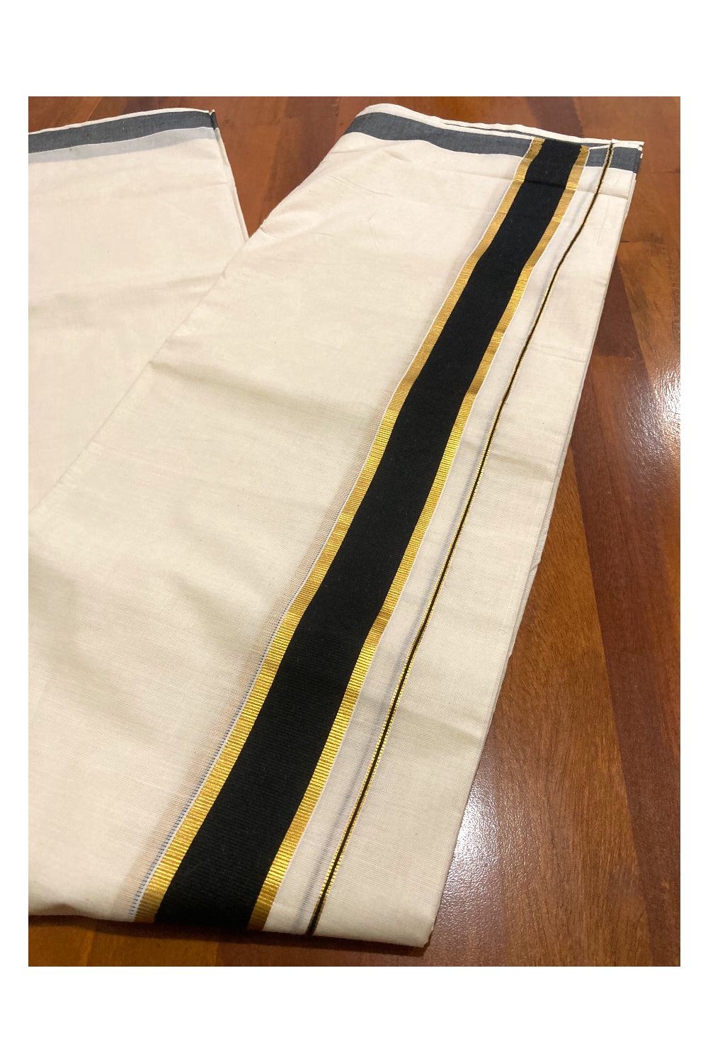 Pure Cotton Double Mundu with Black and Kasavu Border (South Indian Dhoti)