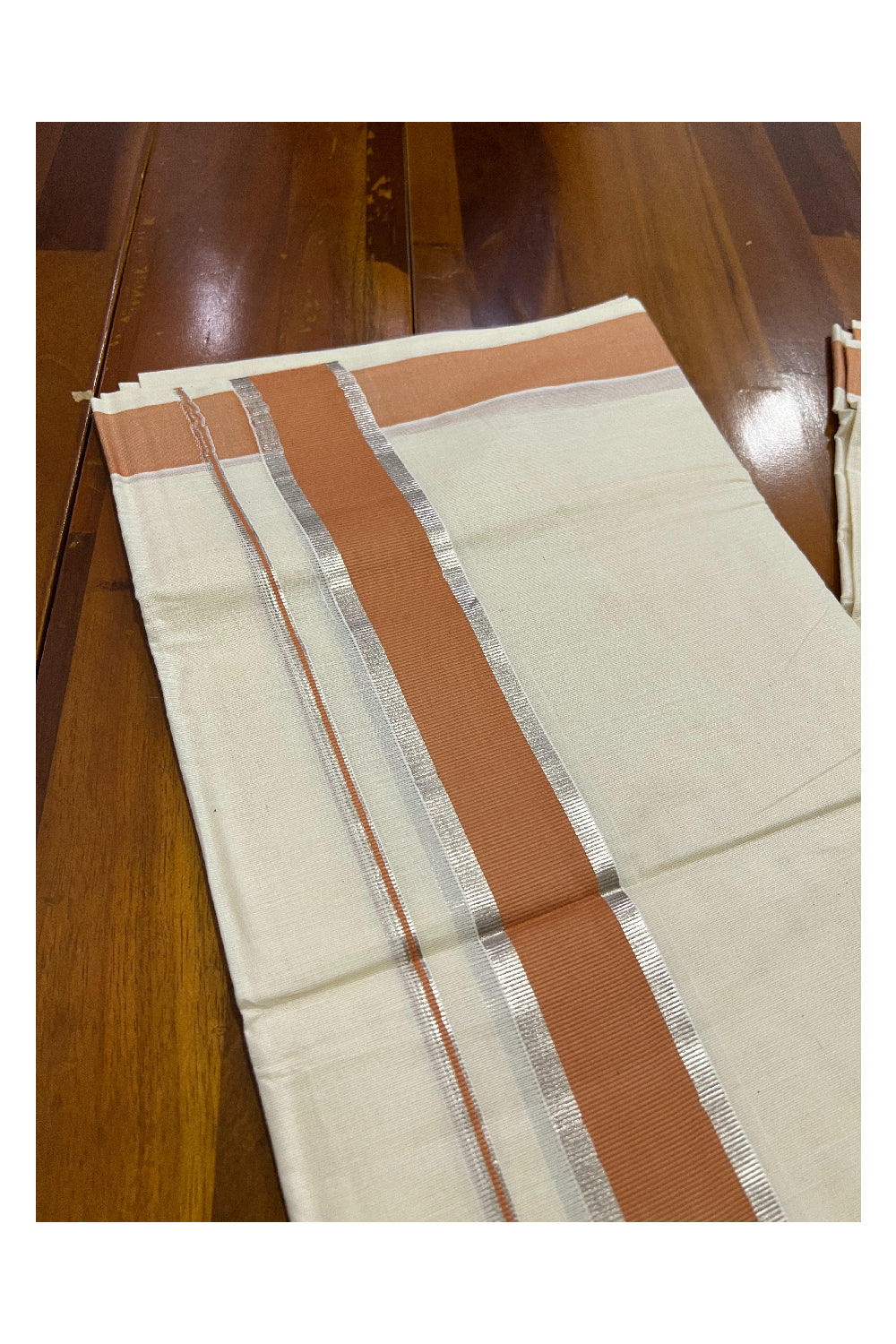 Off White Kerala Double Mundu with Silver Kasavu and Dark Orange Border (South Indian Dhoti)