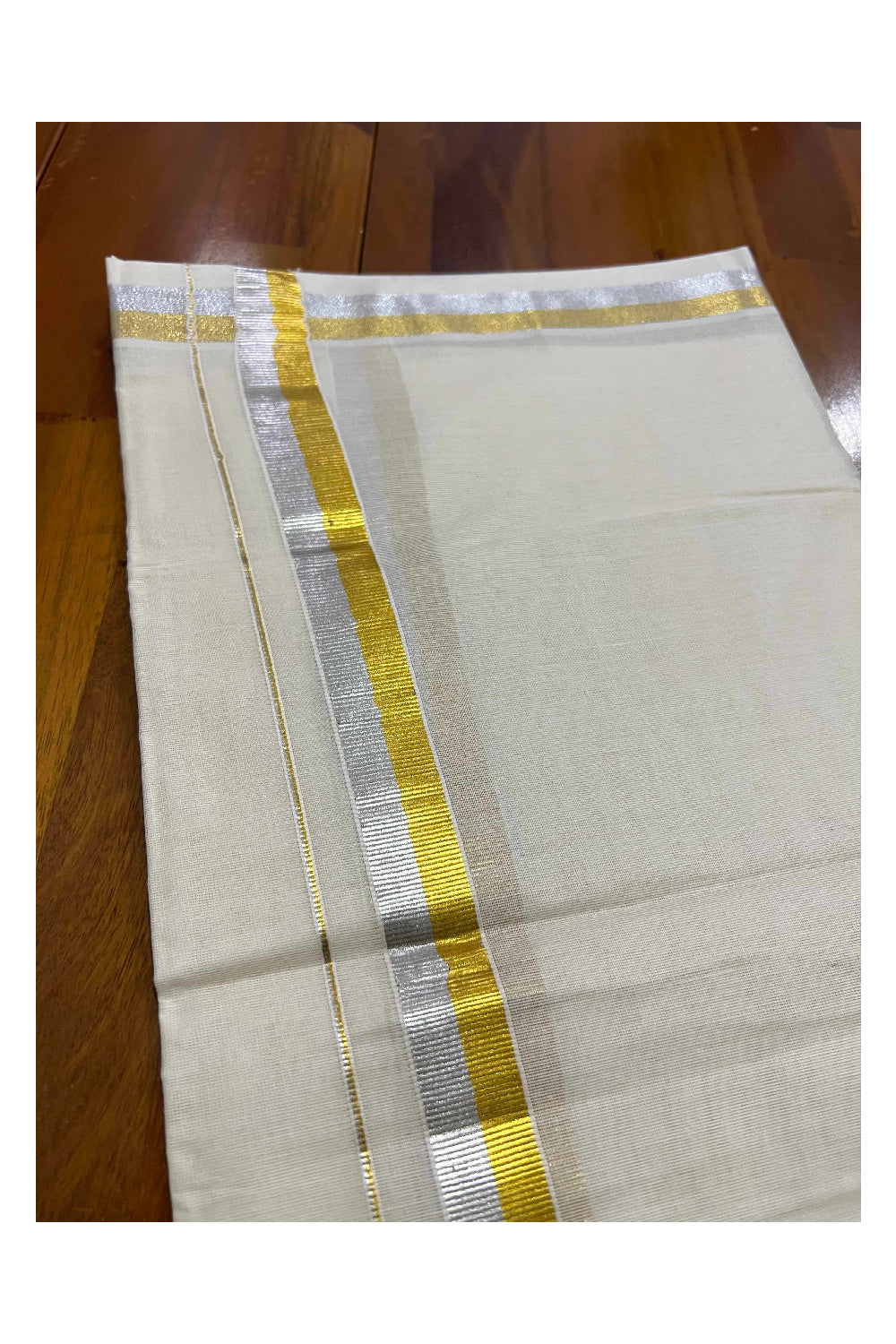 Off White Kerala Double Mundu with Silver and Golden Kasavu Border 1 inches (South Indian Kerala Dhoti)