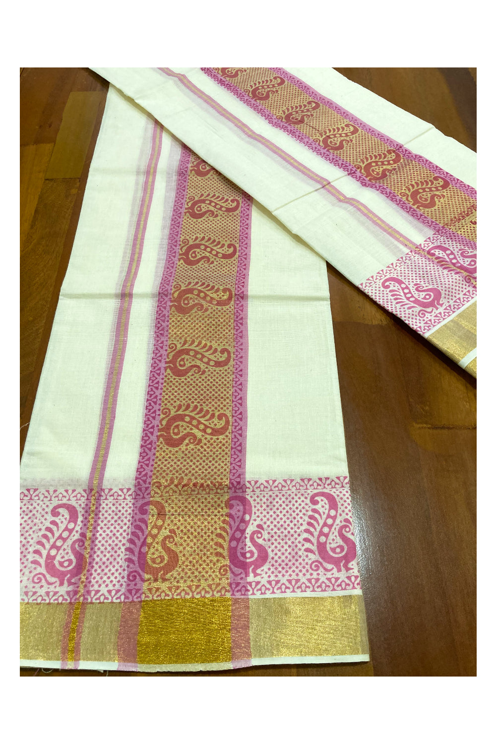 Kerala Cotton Kasavu Set Mundu (Mundum Neriyathum) with Pink Block Prints on Border