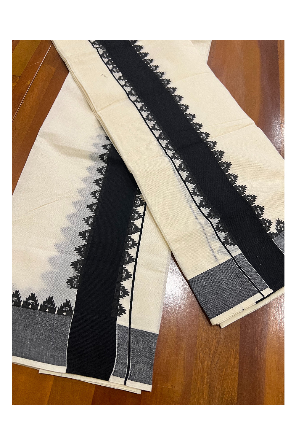 Pure Cotton Set Mundu (Mundum Neriyathum) with Black Temple Block Prints Border