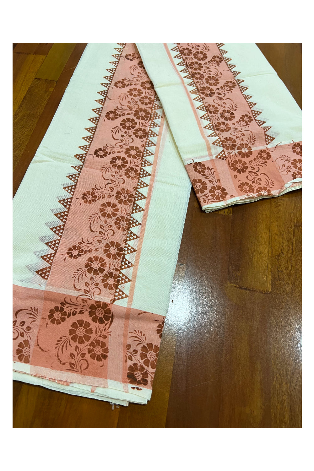 Kerala Cotton Set Mundu (Mundum Neriyathum) with Light Brown Floral Temple Block Prints on Peach Border