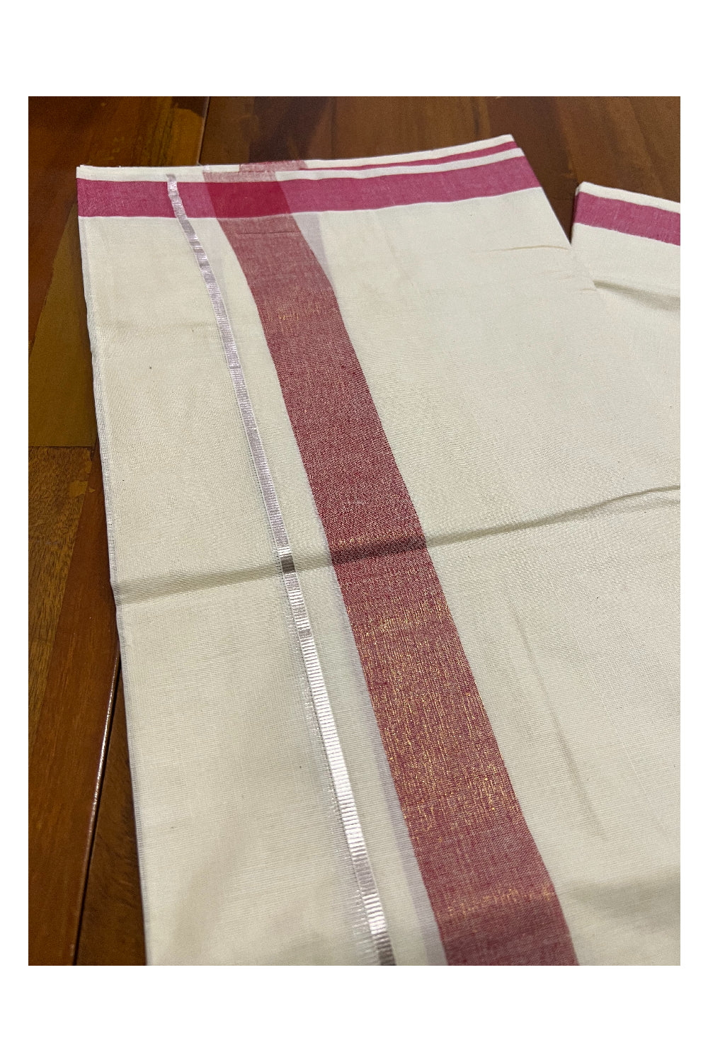 Pure Cotton Off White Double Mundu with Dark Red and Silver Kasavu Border (South Indian Dhoti)