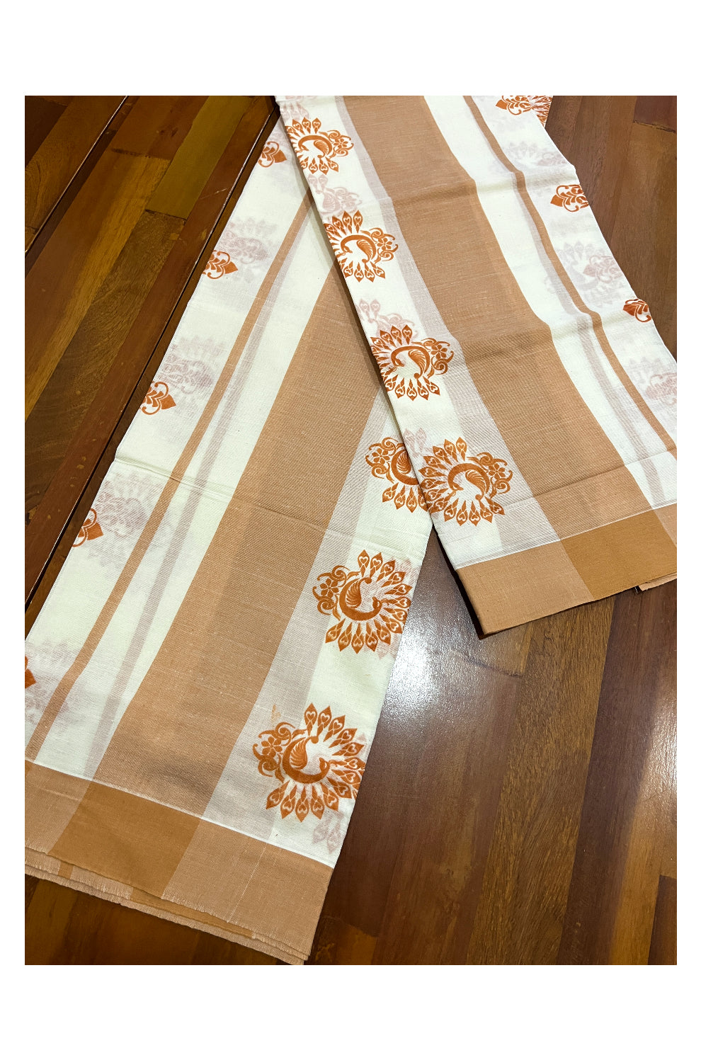 Pure Cotton Single Set Mundu (Mundum Neriyathum Vishu 2023) with Brown Block Prints and Border