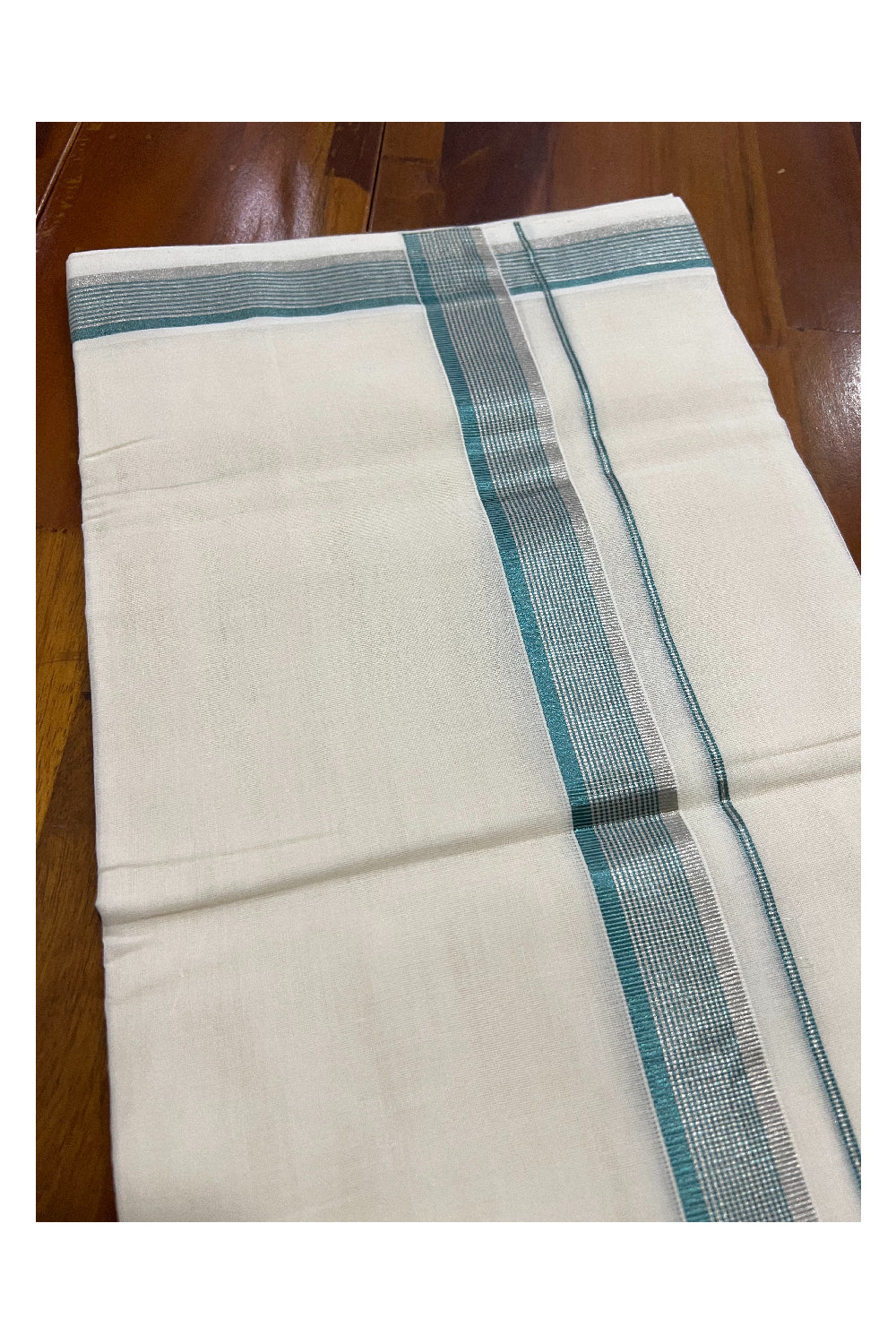 Southloom Balaramapuram Handloom Pure Cotton Mundu with Silver and Turquoise Kasavu Border (South Indian Dhoti)