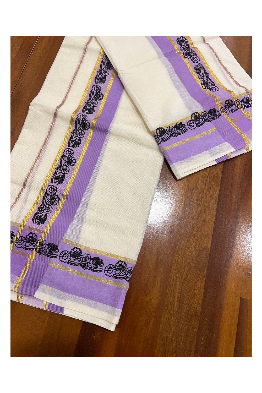 Kerala Cotton Kasavu Set Mundu (Mundum Neriyathum) with Black Floral Block Prints in Violet Border