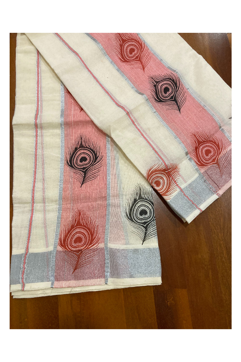 Kerala Cotton SIlver Kasavu Set Mundu (Mundum Neriyathum) with Red and Black Feather Block Prints on Peach Border