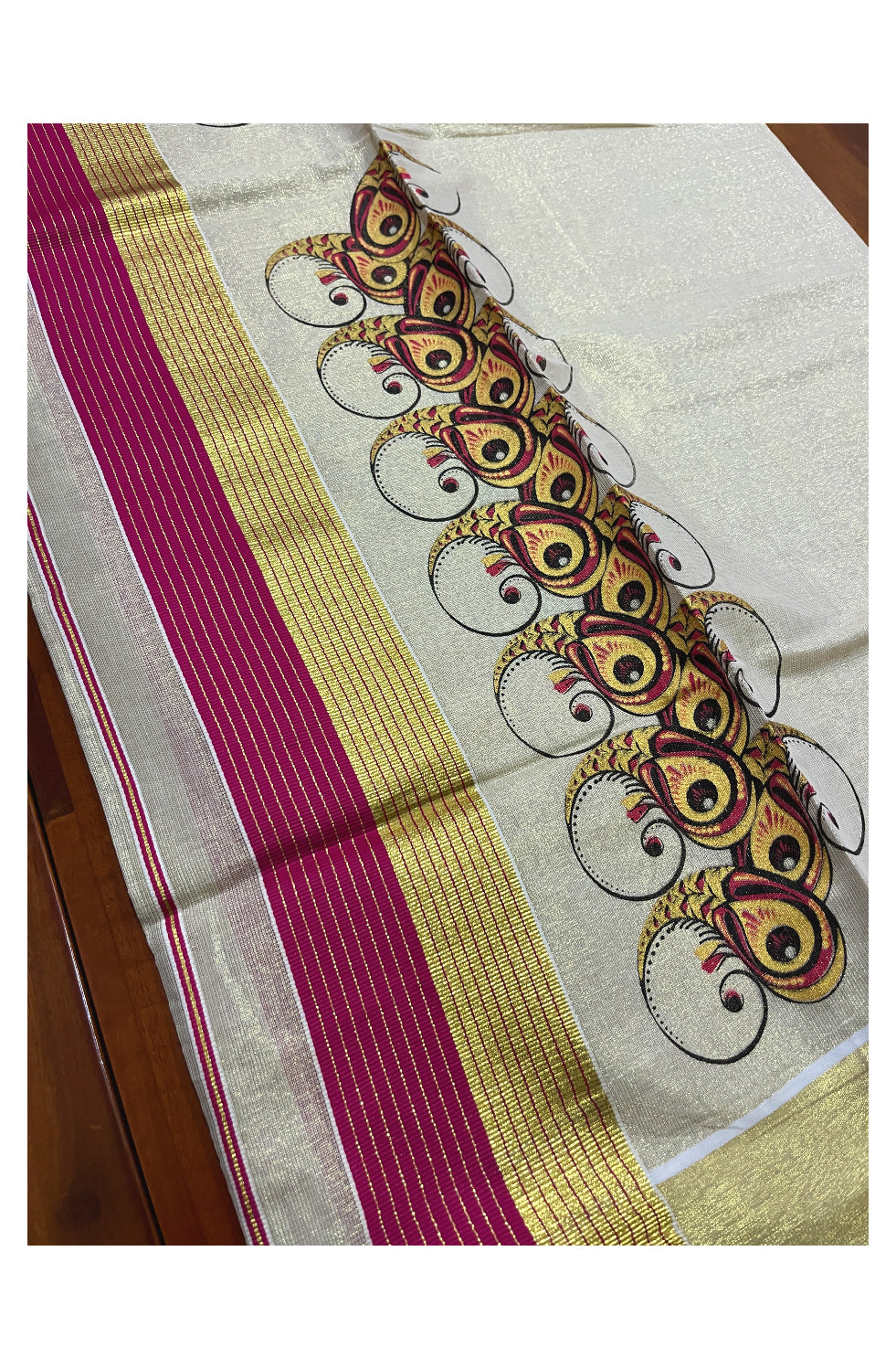 Kerala Tissue Set Mundu (Mundum Neriyathum) with Block Prints on Magenta and Kasavu Border 2.80 Mtrs