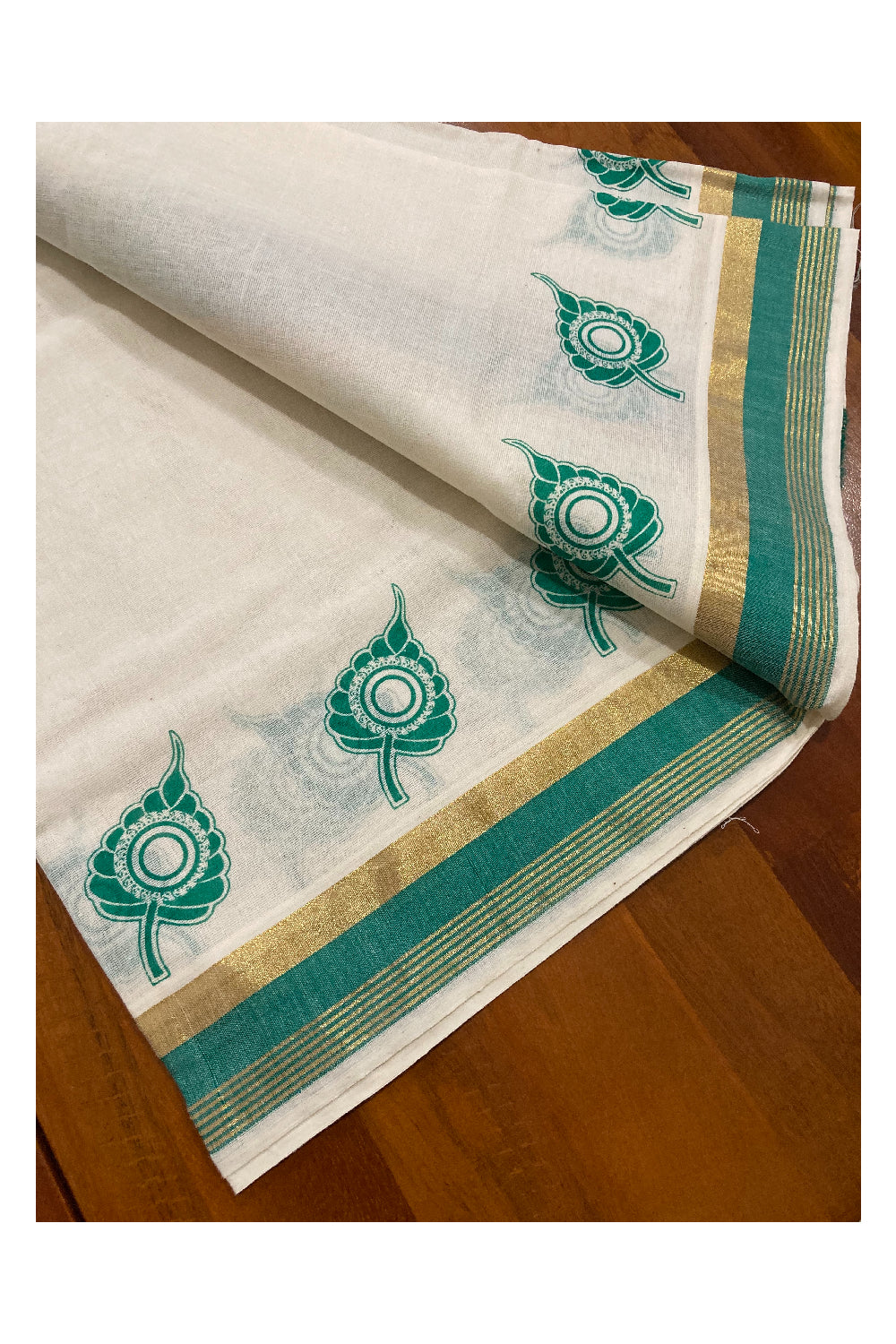 Pure Cotton Kasavu Set Mundu (Mundum Neriyathum) with Green Leaf Block Prints on Border