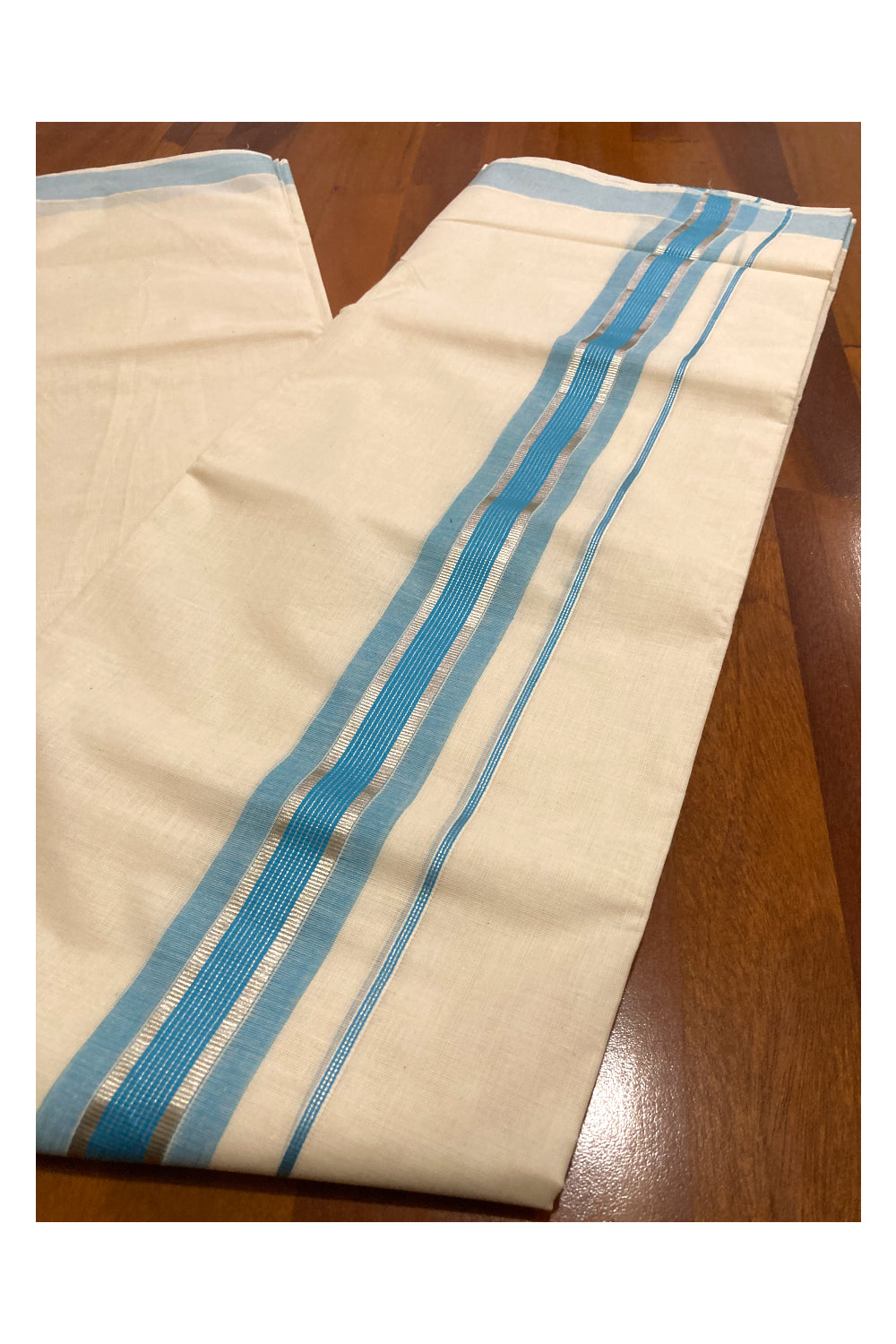 Off White Pure Cotton Double Mundu with Silver Kasavu and Blue Border (South Indian Dhoti)