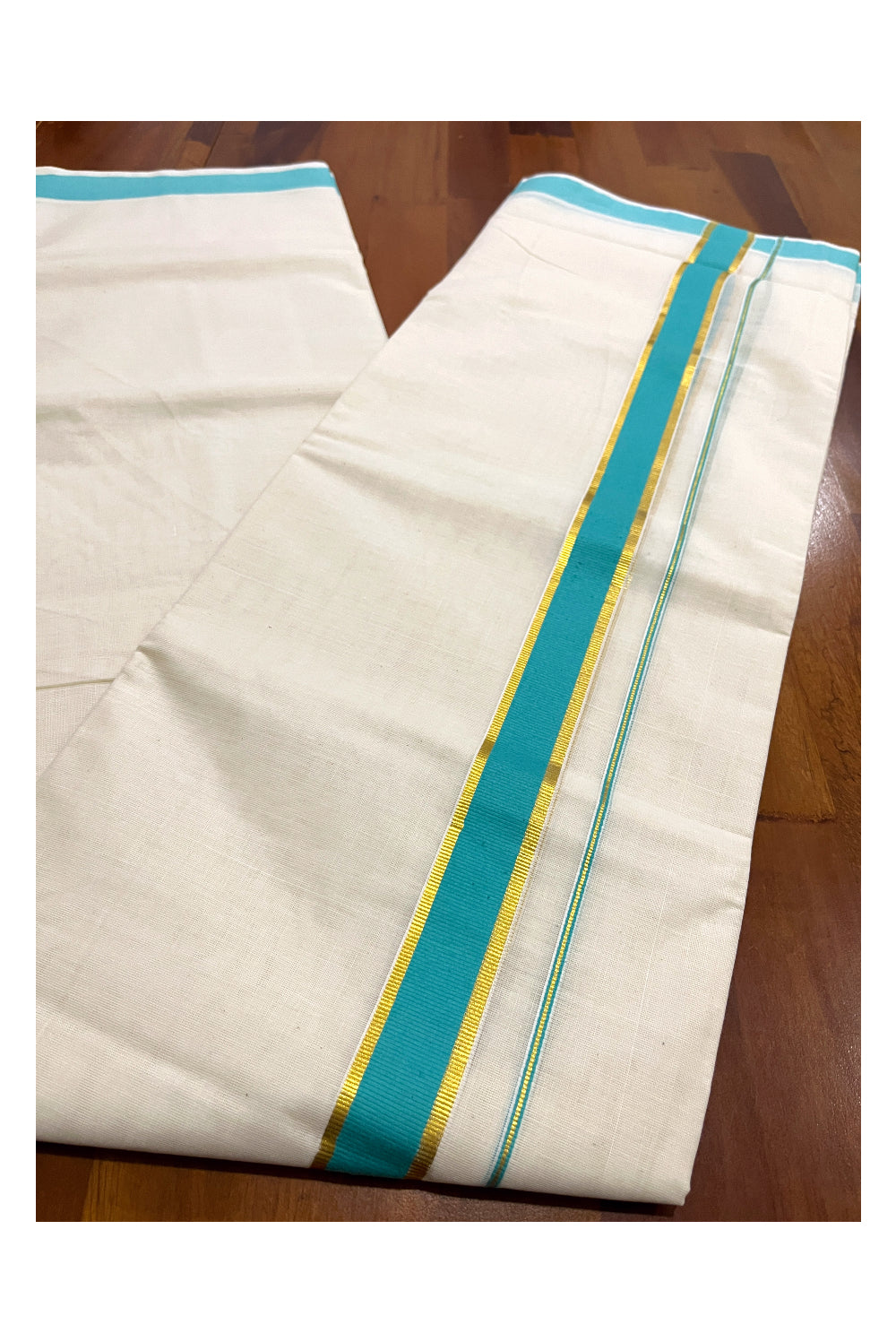 Pure Cotton Double Mundu with Kasavu Turquoise Kara (South Indian Kerala Dhoti)