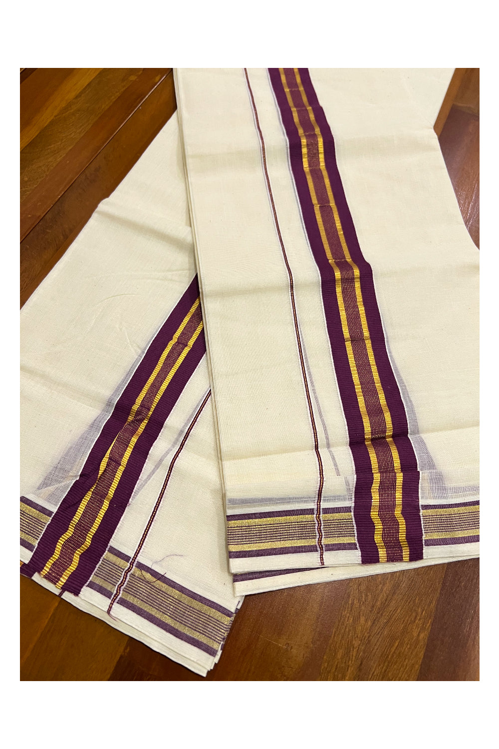 Pure Cotton Kerala Single Set Mundu (Mundum Neriyathum) with Purple and Kasavu Border