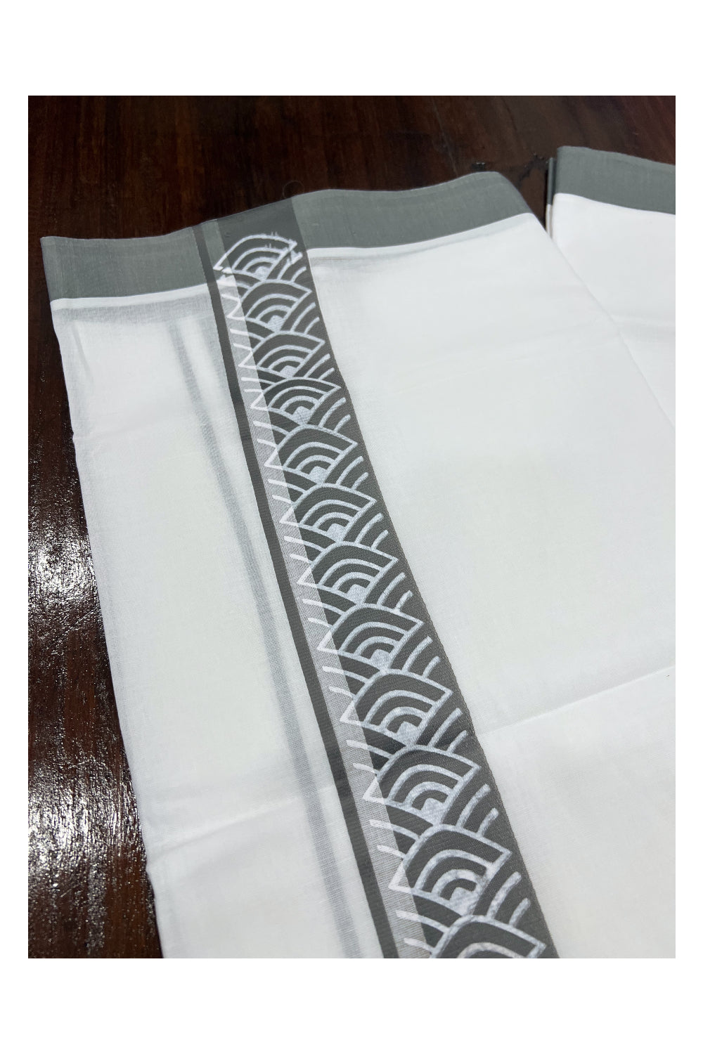 Pure White Cotton Double Mundu with Grey Block Printed Border (South Indian Dhoti)