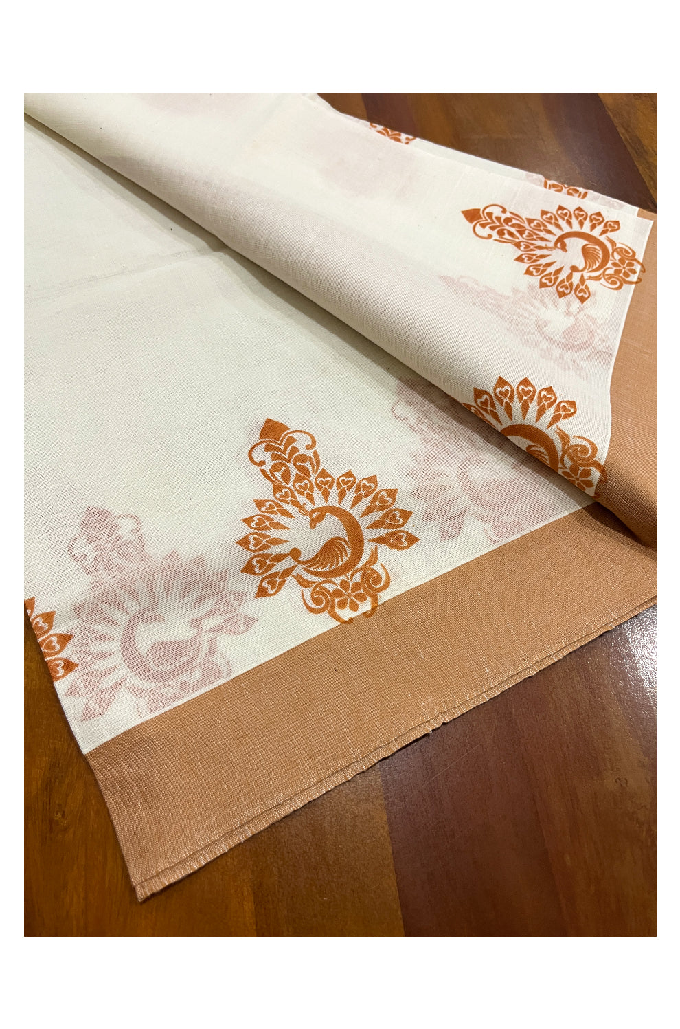 Pure Cotton Single Set Mundu (Mundum Neriyathum Vishu 2023) with Brown Block Prints and Border