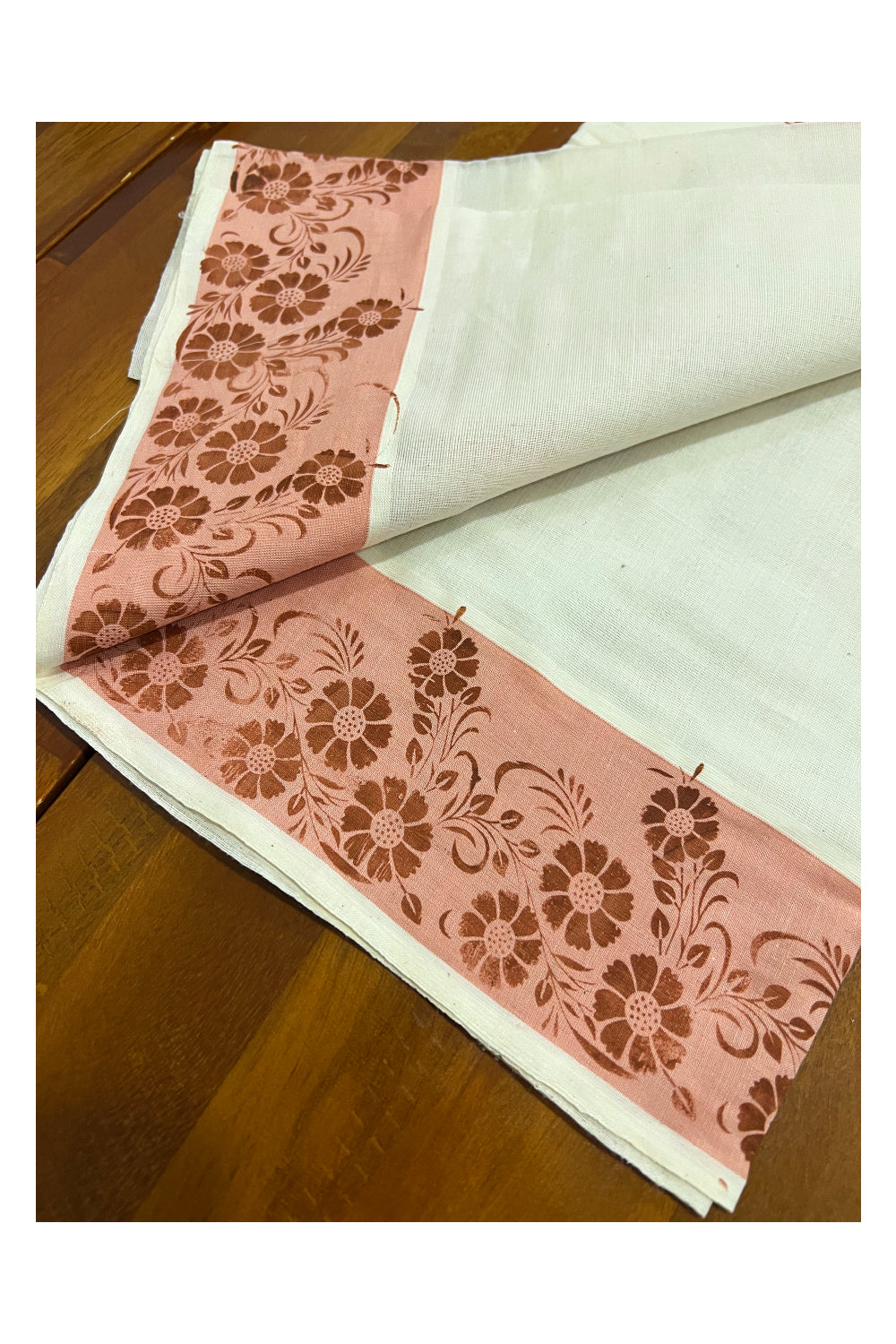 Kerala Cotton Set Mundu (Mundum Neriyathum) with Light Brown Floral Temple Block Prints on Peach Border