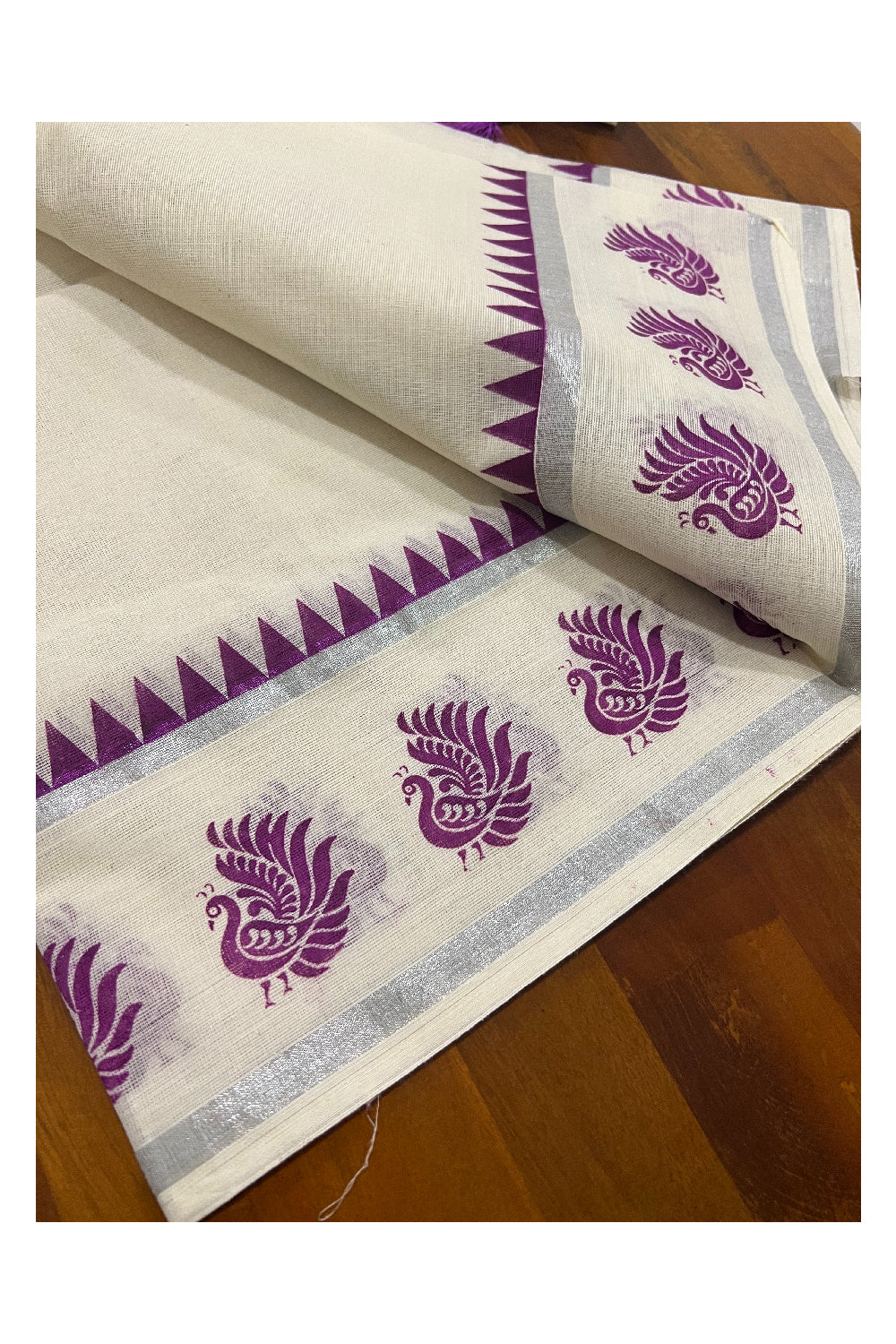 Kerala Cotton Set Mundu (Mundum Neriyathum) with Silver Kasavu Magenta Peacock Temple Block Prints and Tassels Border