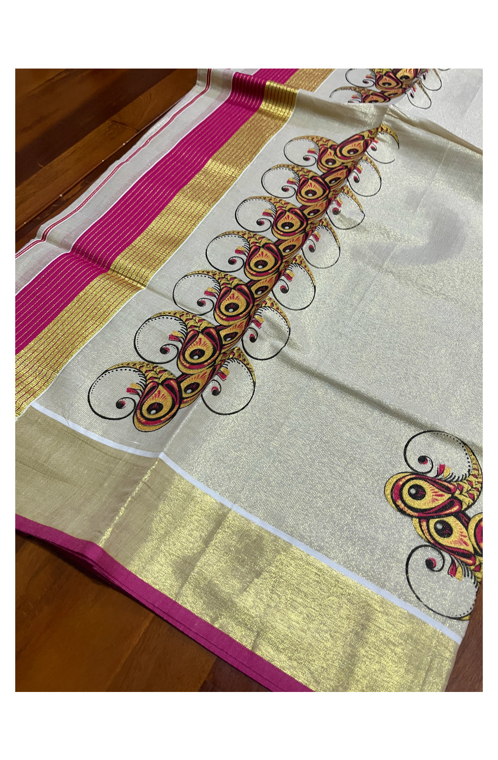 Kerala Tissue Set Mundu (Mundum Neriyathum) with Block Prints on Magenta and Kasavu Border 2.80 Mtrs