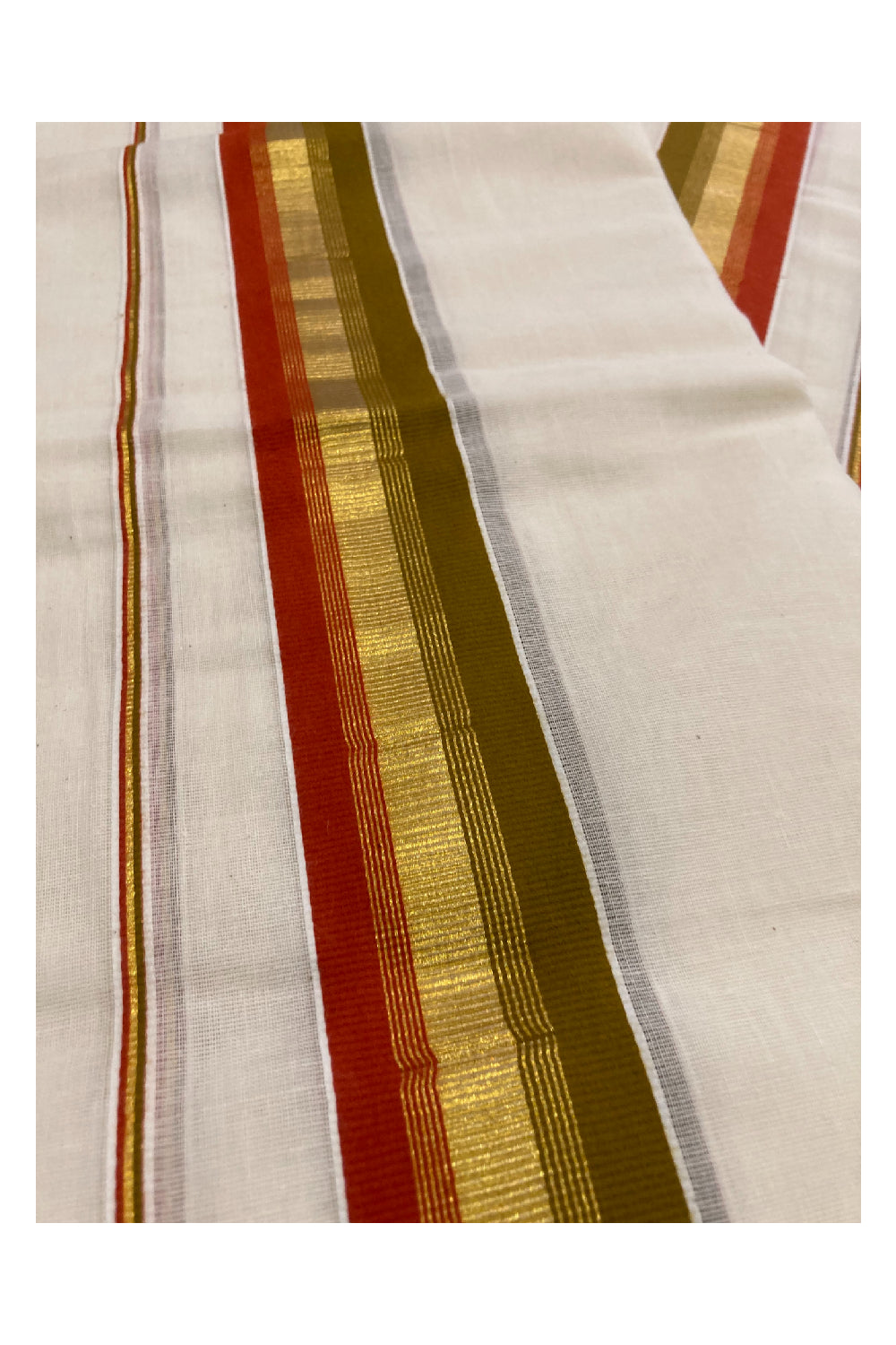 Kerala Cotton Mundum Neriyathum Double (Set Mundu) with Olive Green Red and Kasavu Border