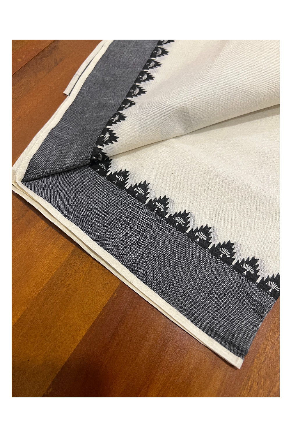 Pure Cotton Set Mundu (Mundum Neriyathum) with Black Temple Block Prints Border