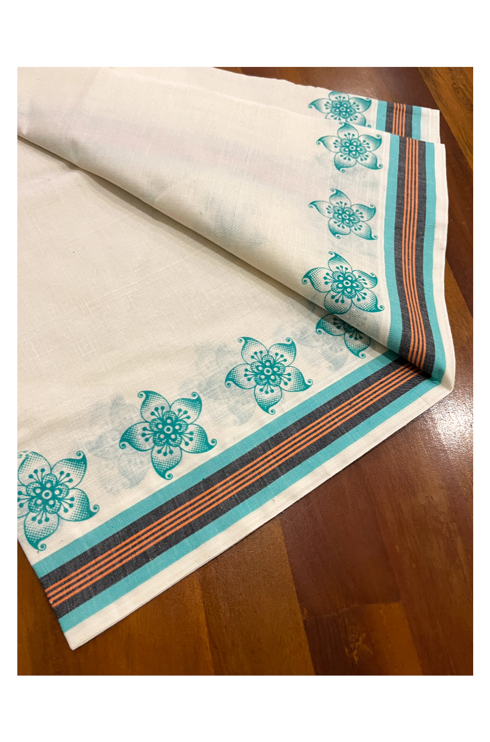 Kerala Cotton Mulloth Mundum Neriyathum Single (Set Mundu) with Turquoise Block Prints on Border (Extra Soft Cotton)