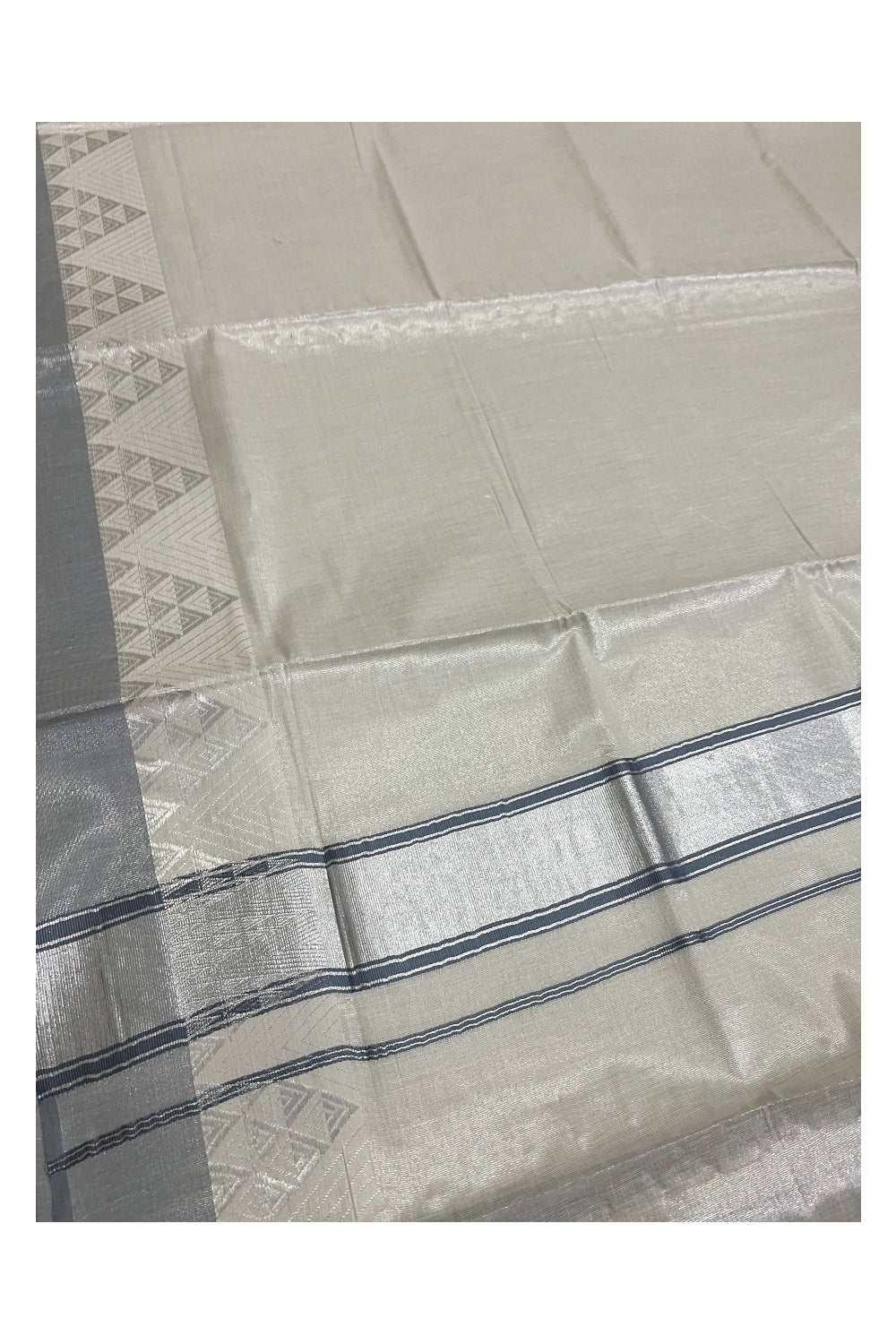 Kerala Silver Tissue Plain Saree with Grey and Silver Designer Border