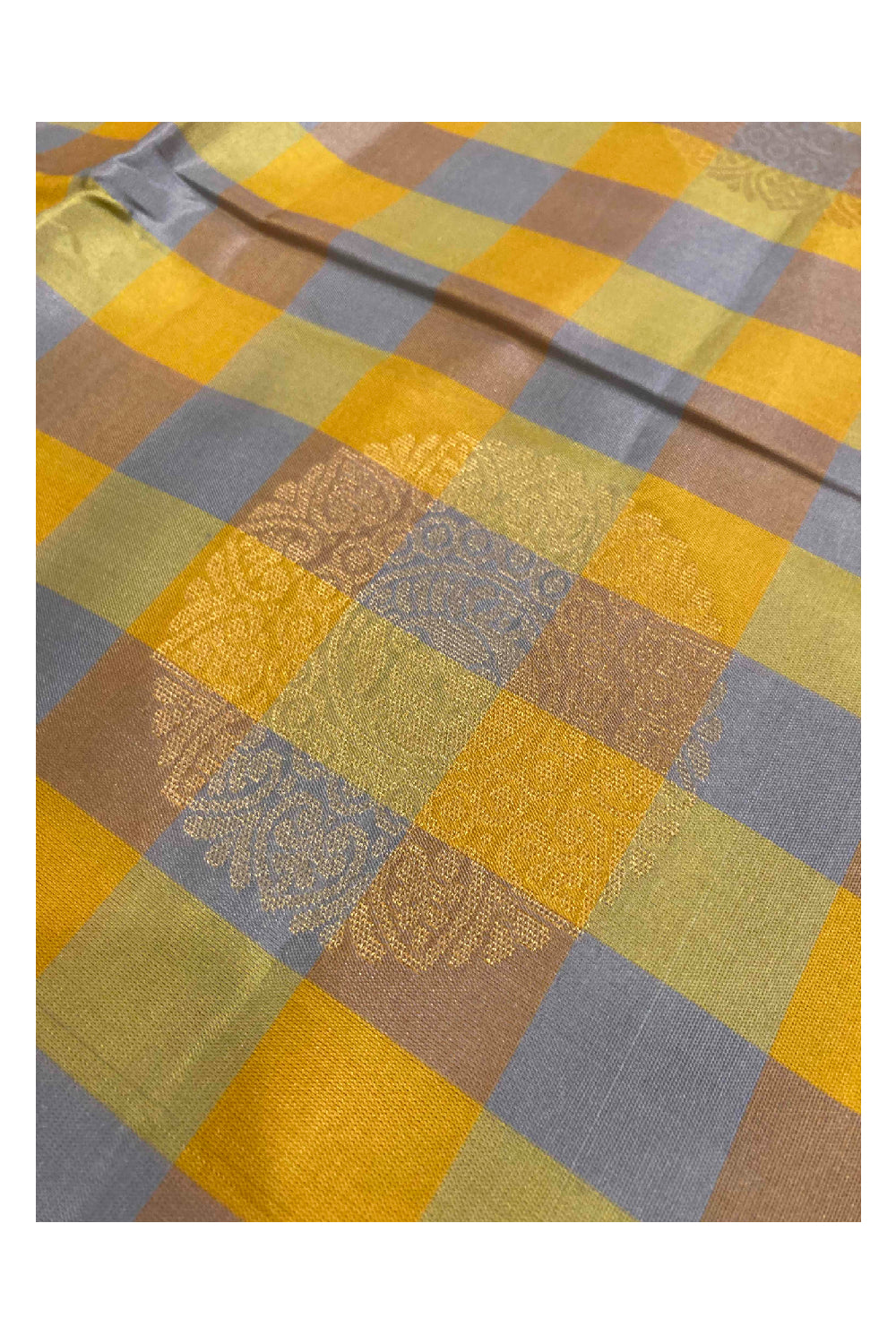 Southloom Handloom Pure Silk Kanchipuram Saree in Yellow Blue Checkered and Floral Motifs