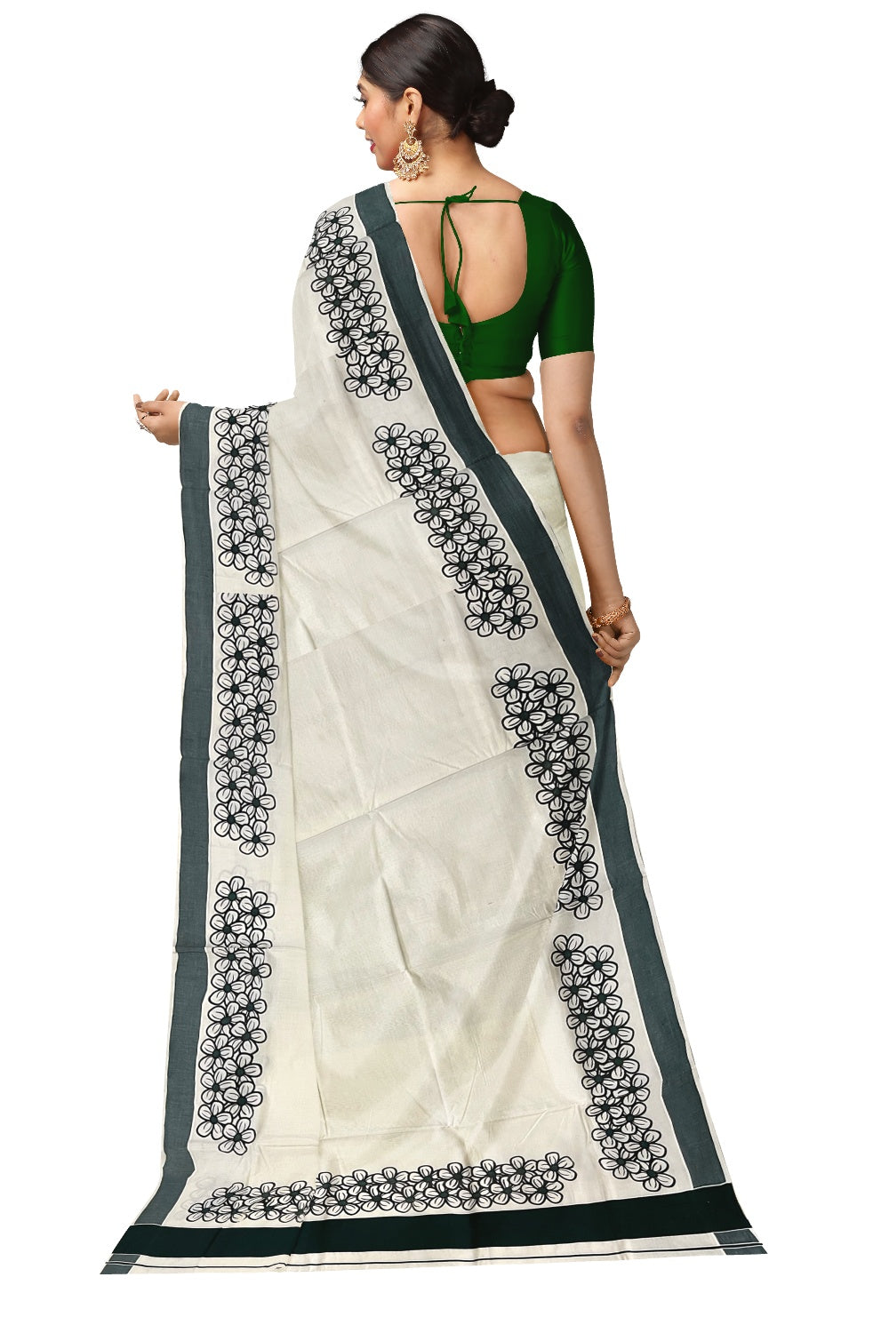 Pure Cotton Kerala Saree with Black Floral Block Prints and Dark Green Border
