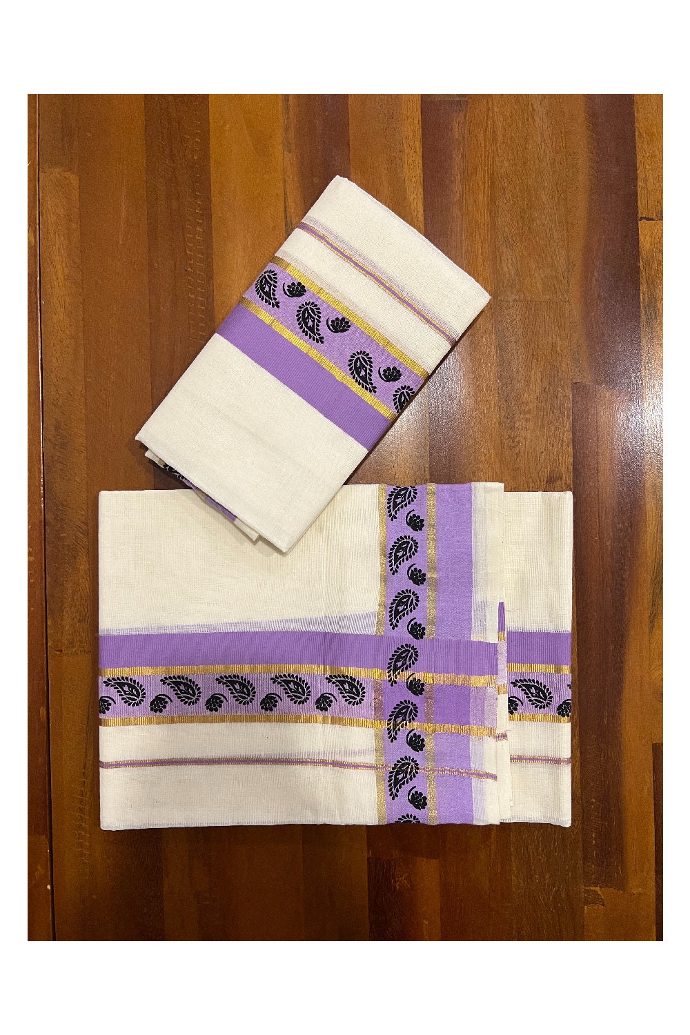 Kerala Cotton Kasavu Set Mundu (Mundum Neriyathum) with Black Paisley Block Prints in Violet Border