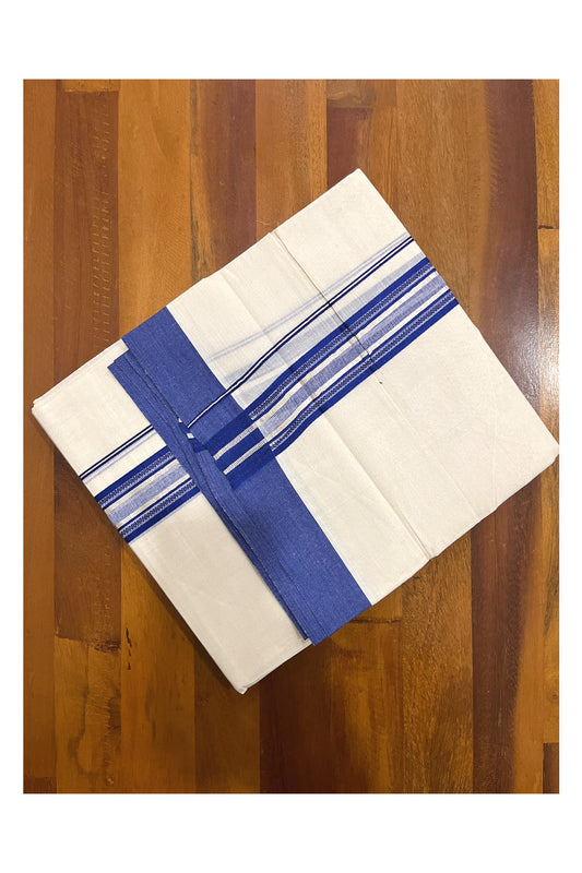 Pure Cotton Off White Double Mundu with Blue and Silver Kara (South Indian Dhoti)