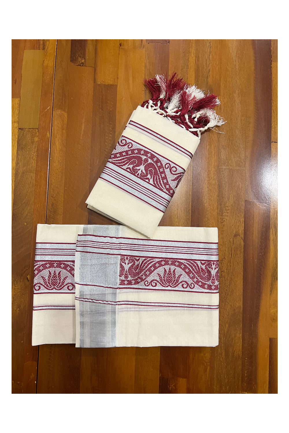 Kerala Cotton Set Mundu Single (Mundum Neriyathum) with Silver Kasavu and Maroon Woven Border and Tassels Work