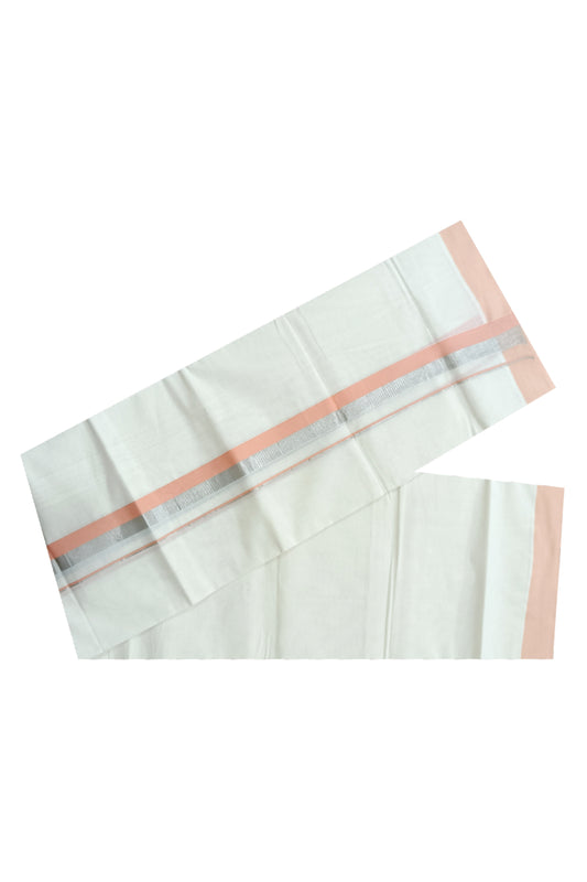 Off White Kerala Double Mundu with Silver Kasavu and Sandal Colour Kara (South Indian Dhoti)