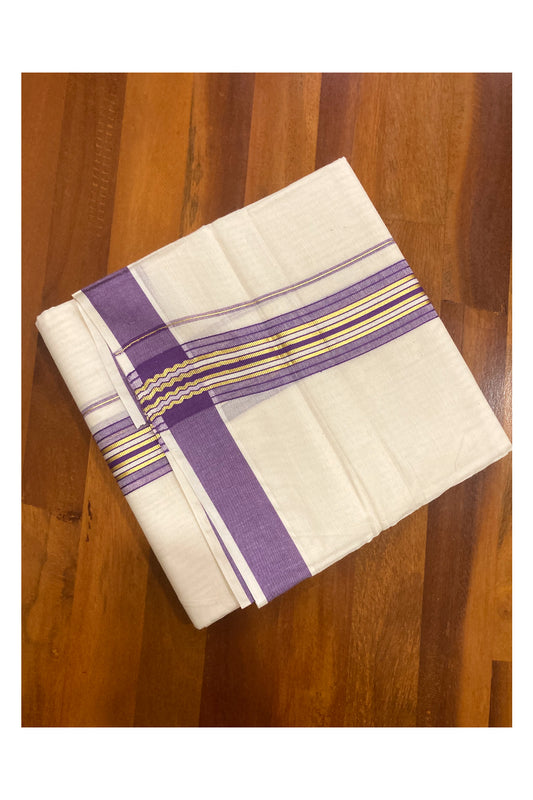 Pure Cotton Off White Double Mundu with Violet and Kasavu Border (South Indian Dhoti)