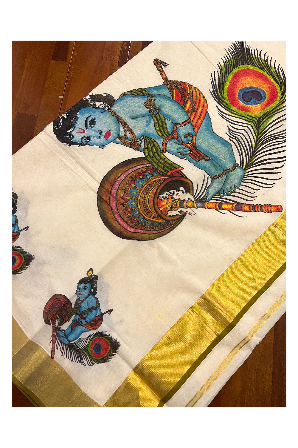 Kerala Pure Cotton Kasavu Saree with Mural Baby Krishna Printed and Light Brown Border