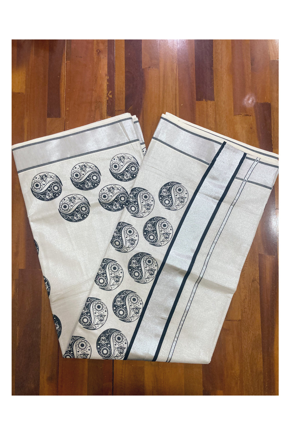 Kerala Silver Tissue Kasavu Saree with Black Block Prints and Black Silver Border