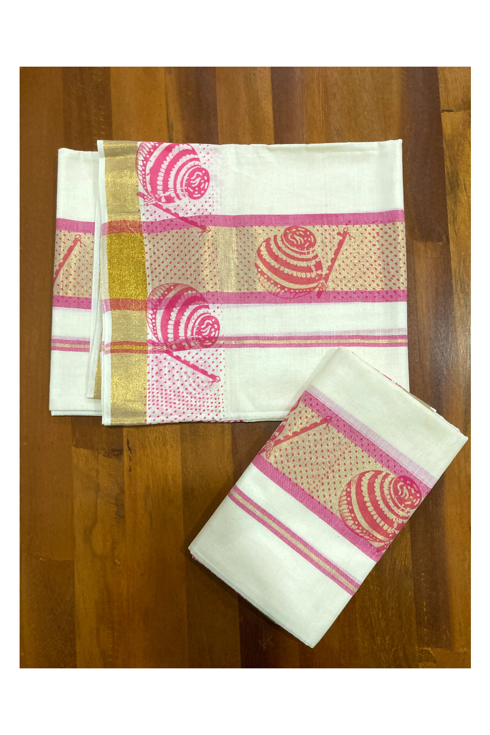 Kerala Cotton Kasavu Set Mundu (Mundum Neriyathum) with Pink Block Prints on Border