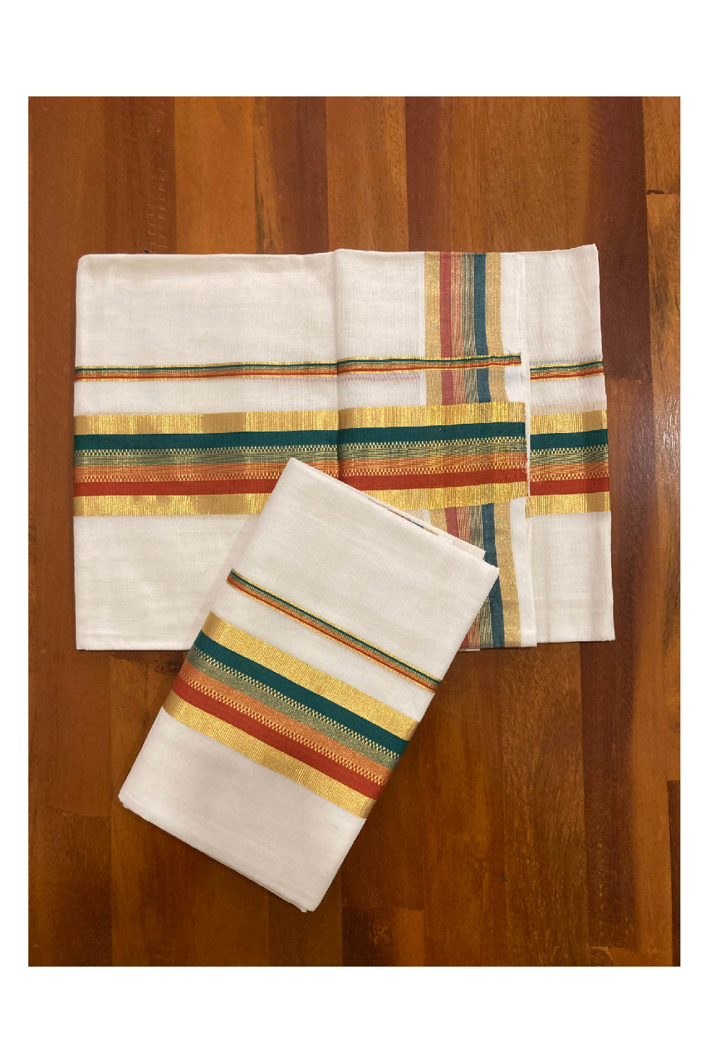 Southloom Premium Handloom Set Mundu with Kasavu Green and Red Border (2.80 Mtr)