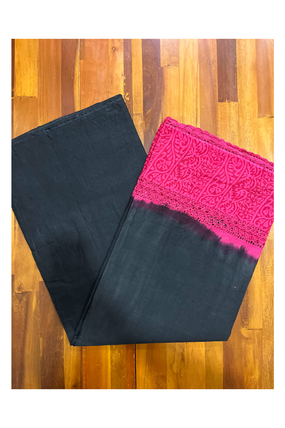 Southloom Pure Cotton Black Saree with Designer Magenta Crochet works on Border