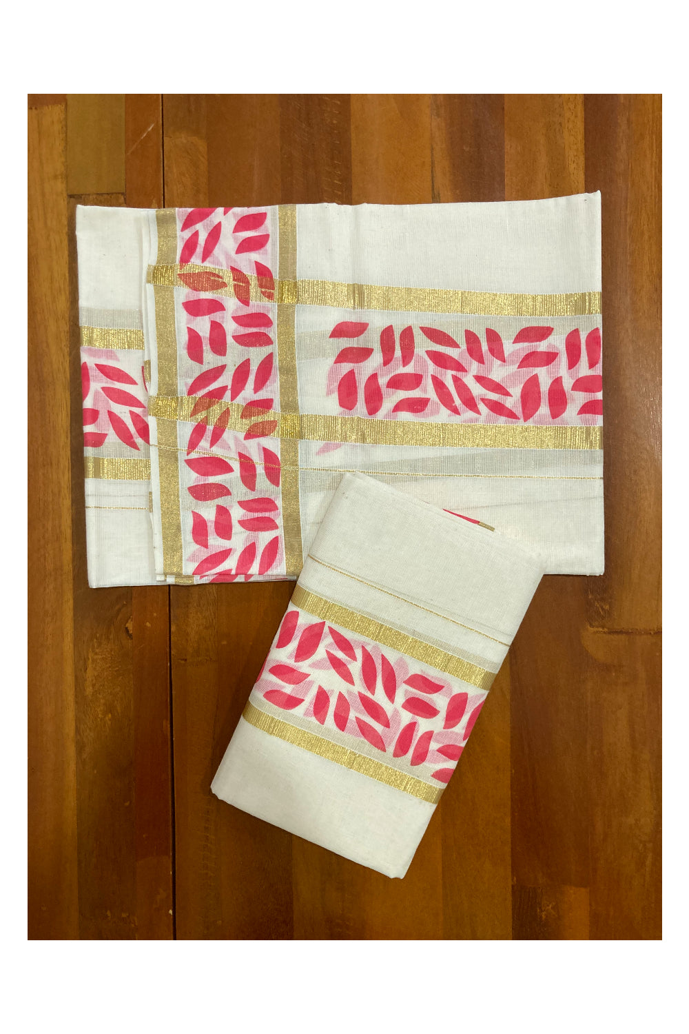 Kerala Cotton Kasavu Set Mundu (Mundum Neriyathum) with Pink Block Prints on Border