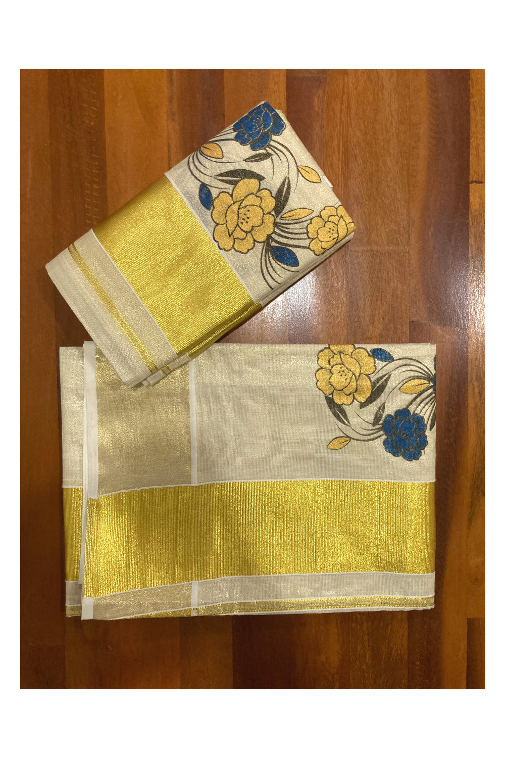 Kerala Tissue Kasavu Set Mundu (Mundum Neriyathum) with Blue and Yellow Floral Mural Printed Design 2.80 Mtrs