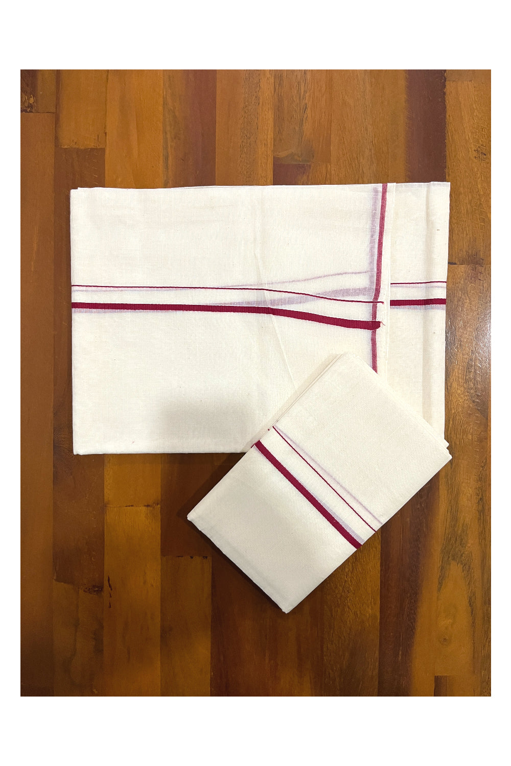 Kerala Cotton Mundum Neriyathum Single (Set Mundu) with Maroon Line Border