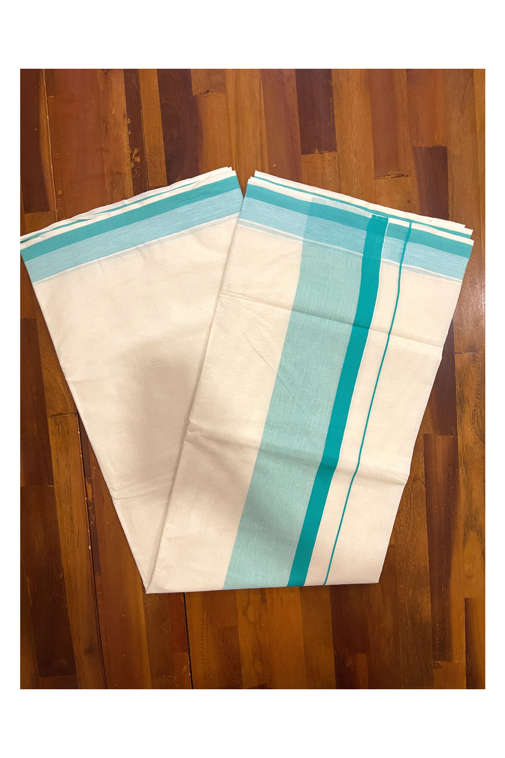 Pure Cotton Off White Kerala Saree with Turquoise Shaded Border