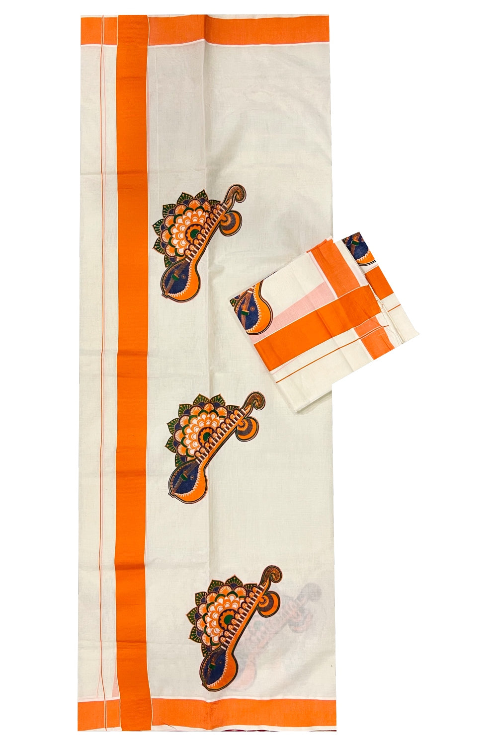 Kerala Cotton Set Mundu (Mundum Neriyathum) with Mural Printed Orange Border