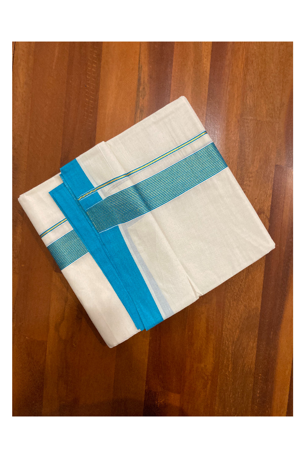 Off White Kerala Double Mundu with Kasavu and Light Blue Line Border (South Indian Dhoti)