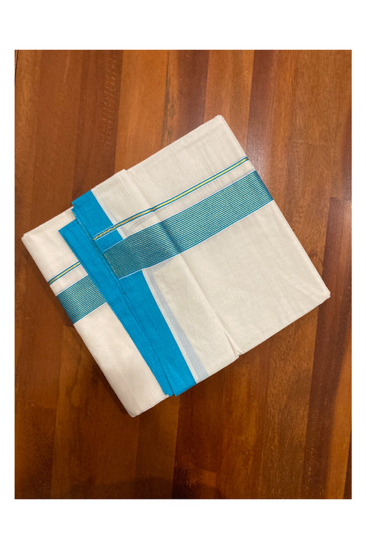 Off White Kerala Double Mundu with Kasavu and Light Blue Line Border (South Indian Dhoti)