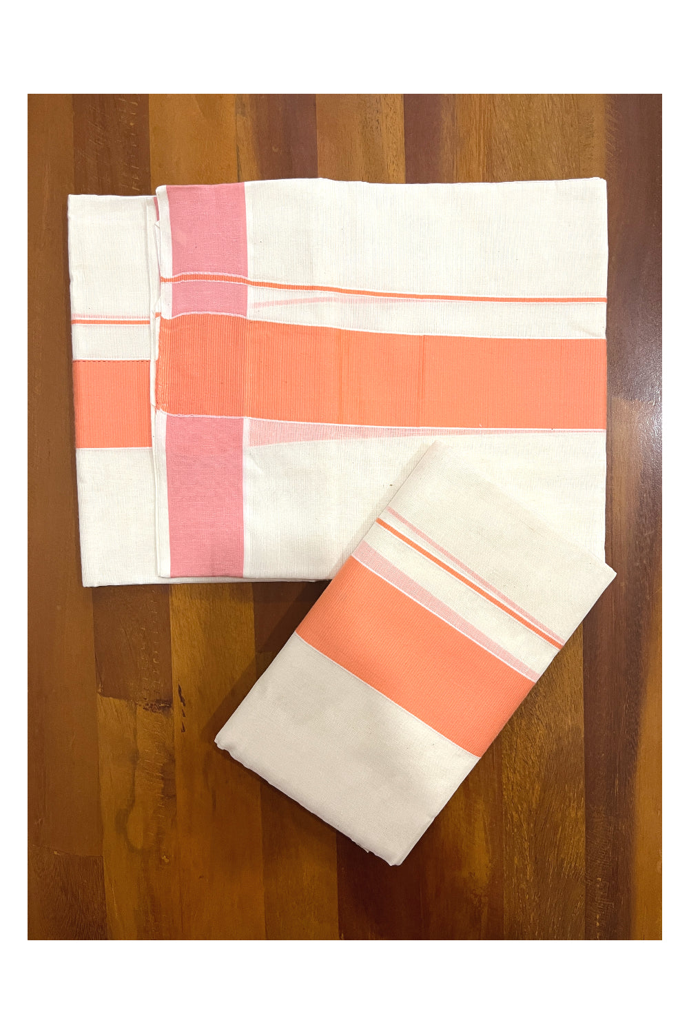 Kerala Cotton Mundum Neriyathum Single (Set Mundu) with Peach 2 inch Border