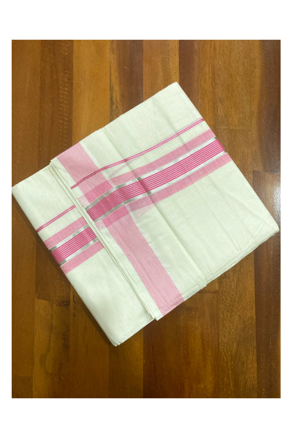 Off White Pure Cotton Double Mundu with Silver Kasavu and Pink Border (South Indian Dhoti)